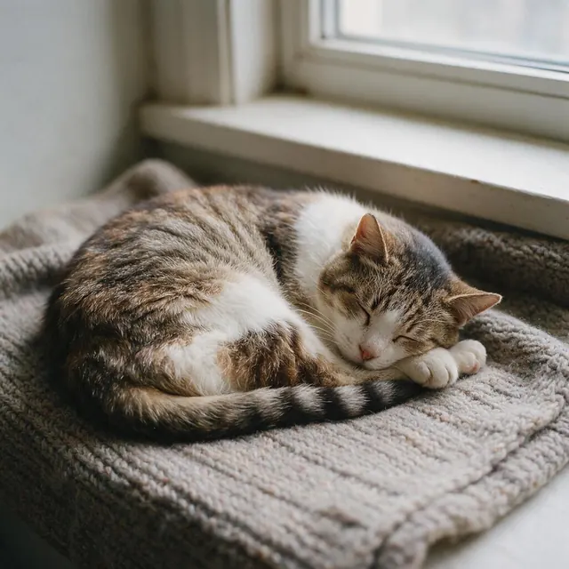 Кошка спит на вязаном пледе у окна